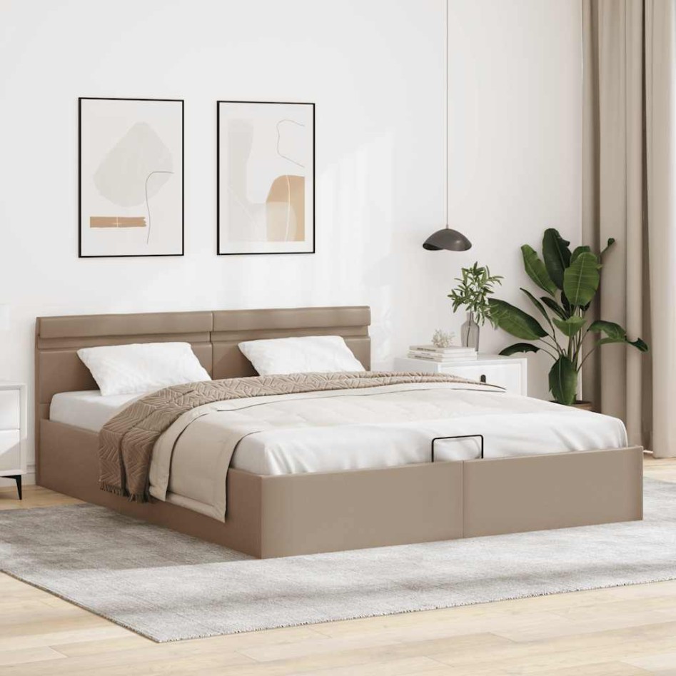 Cama canapé hidráulica LED cuero sintético capuchino 160x200