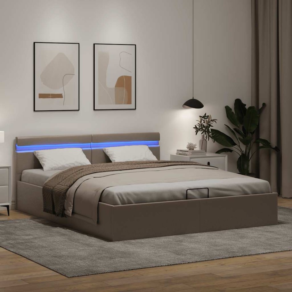 Cama canapé hidráulica LED cuero sintético capuchino 160x200