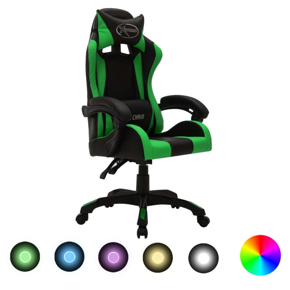 Silla gaming con luces LED RGB cuero sintético verde y