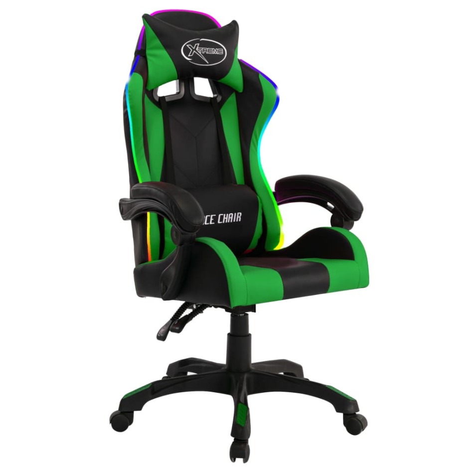 Silla gaming con luces LED RGB cuero sintético verde y