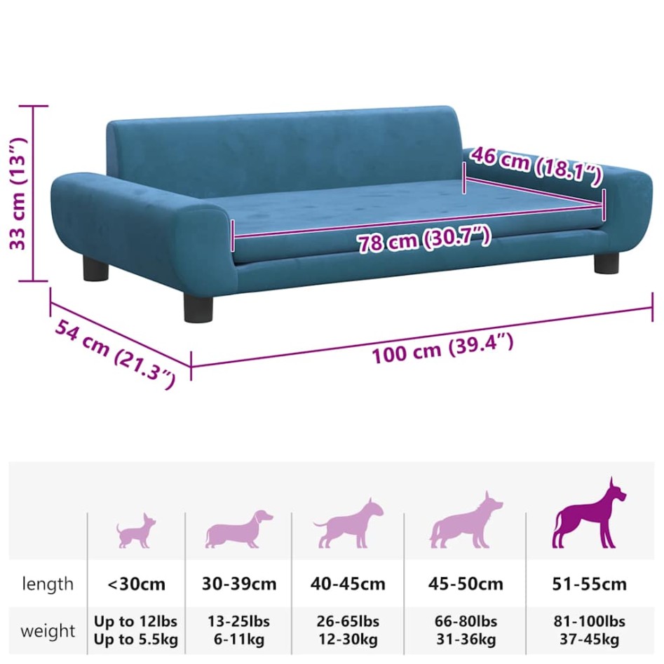 Cama para perros de terciopelo azul 100x54x33