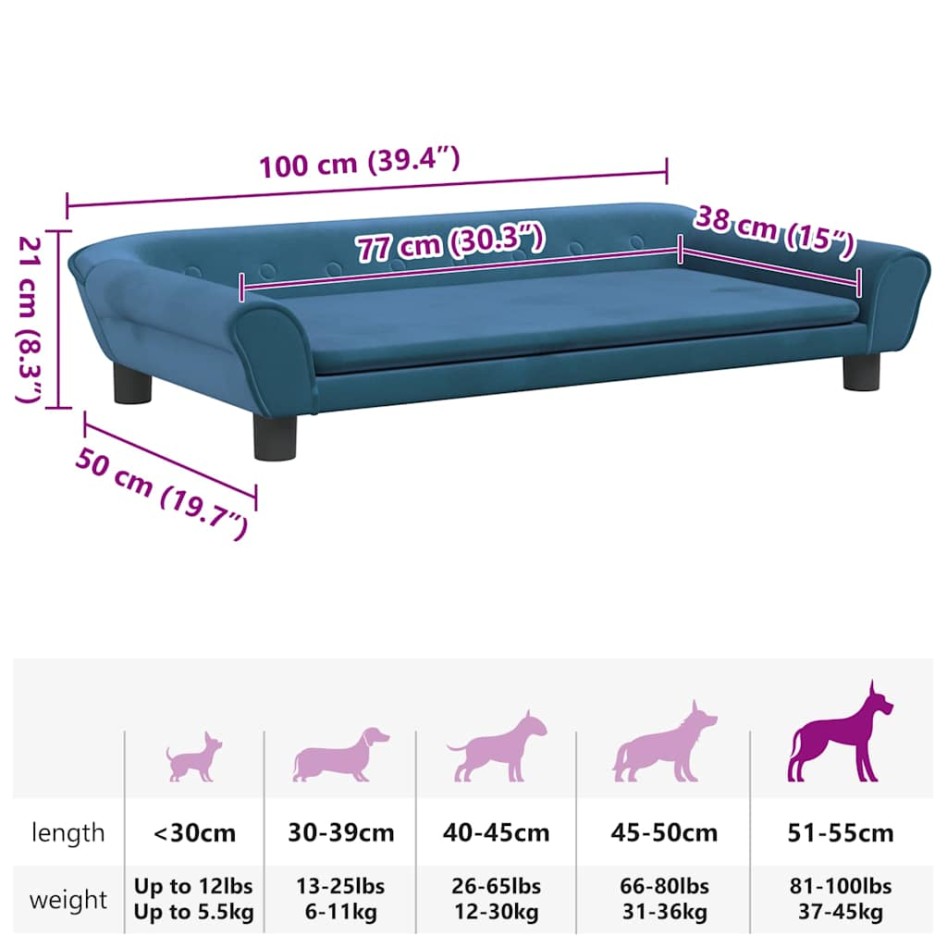 Cama para perros de terciopelo azul 100x50x21