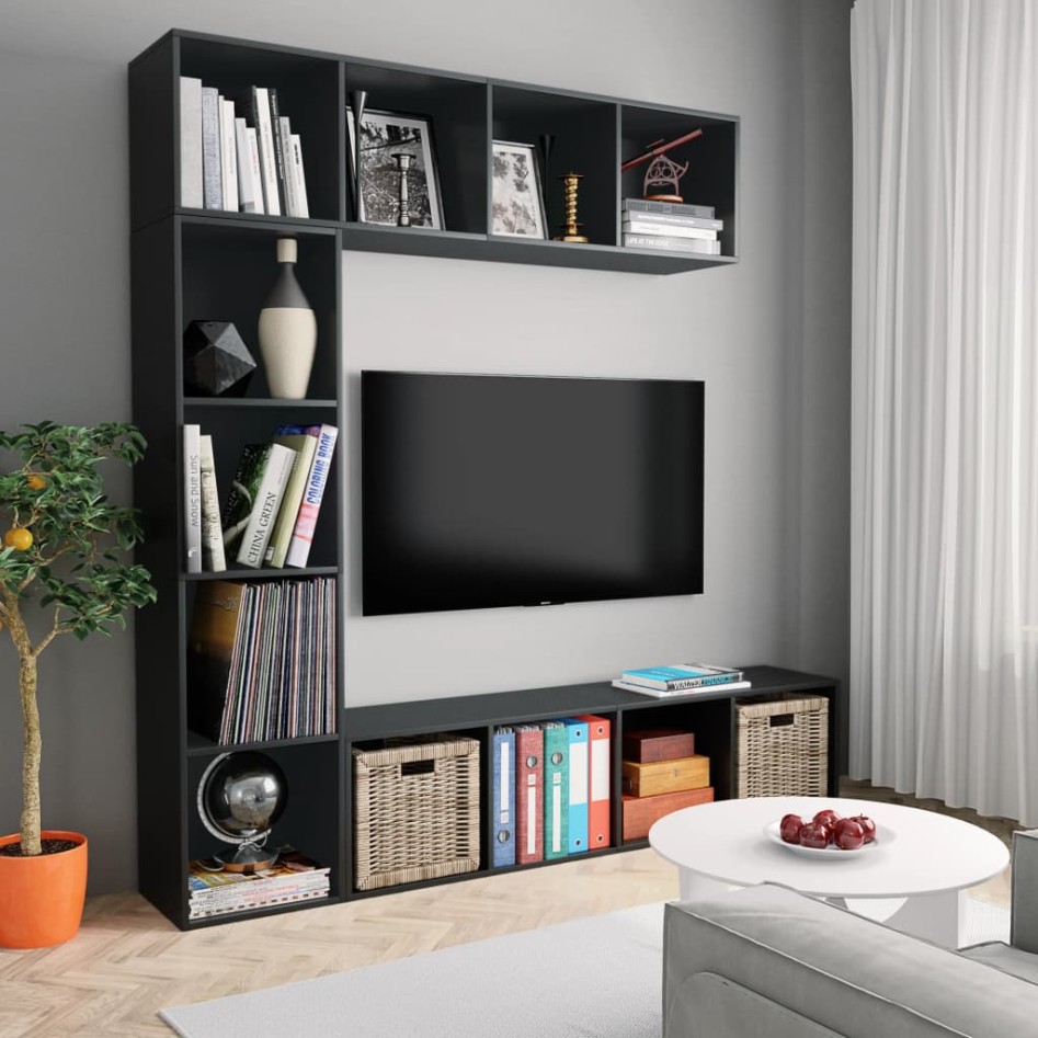 Mueble de TV y librería 3 piezas negro 180x30x180
