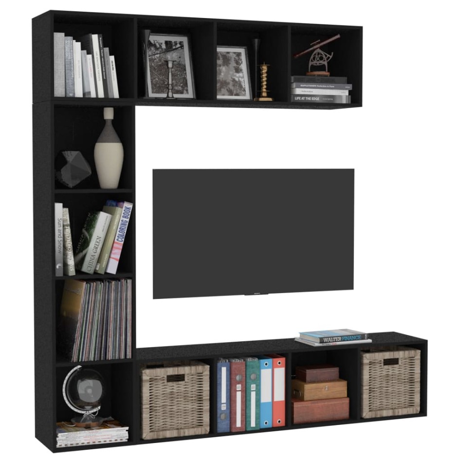 Mueble de TV y librería 3 piezas negro 180x30x180