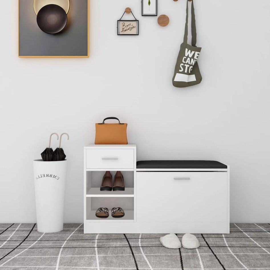 Banco zapatero de madera contrachapada blanco 94,5x31x57