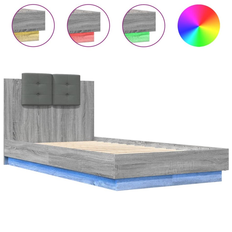 Estructura de cama cabecero luces LED gris Sonoma 75x190