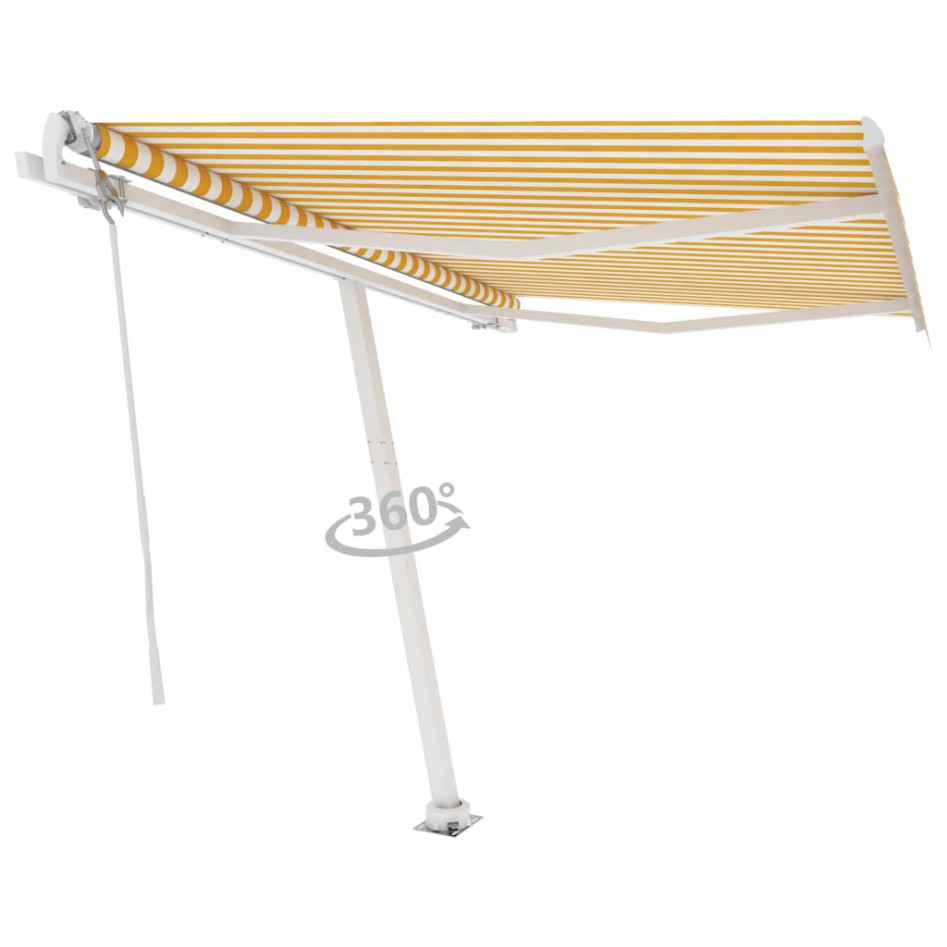 Toldo de pie automático amarillo y blanco 300x250