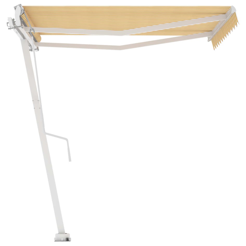 Toldo de pie automático amarillo y blanco 300x250