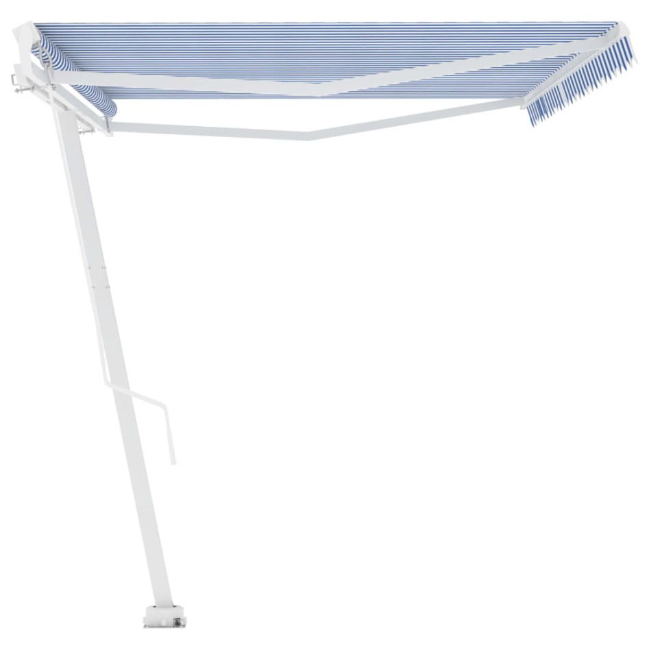 Toldo de pie retráctil manual azul y blanco 500x300