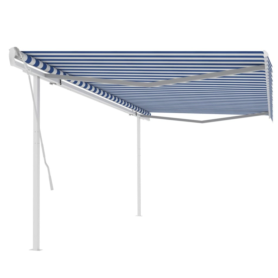 Toldo manual retráctil con postes azul y blanco 5x3