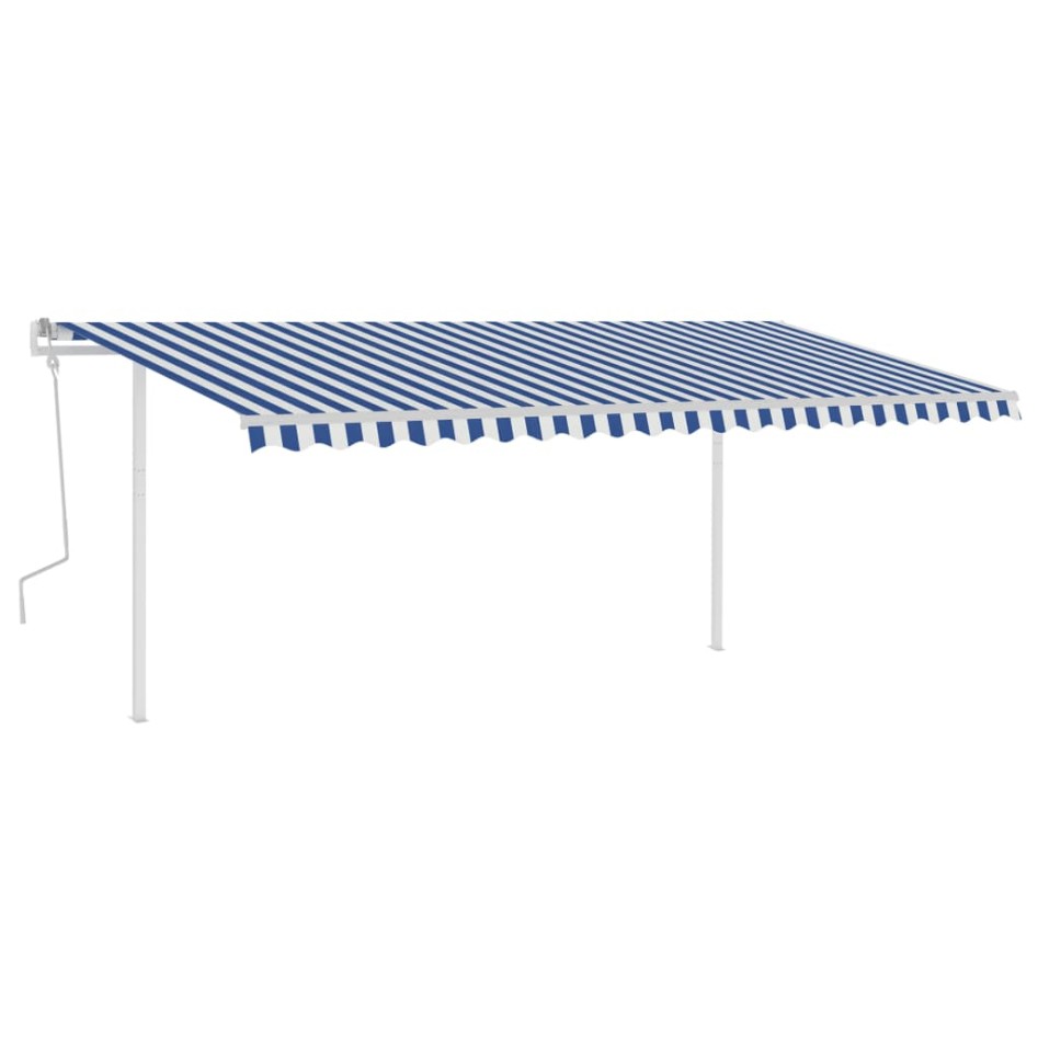 Toldo manual retráctil con postes azul y blanco 5x3