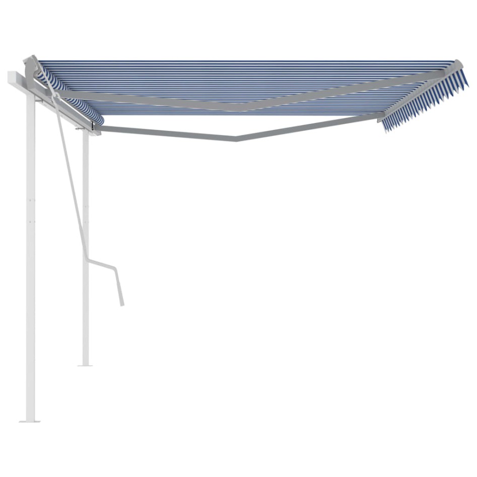 Toldo manual retráctil con postes azul y blanco 5x3