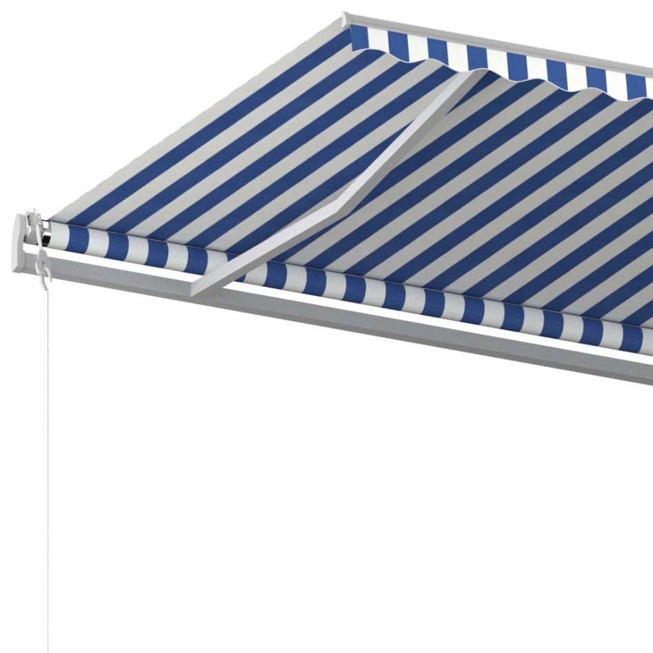 Toldo manual retráctil con postes azul y blanco 5x3