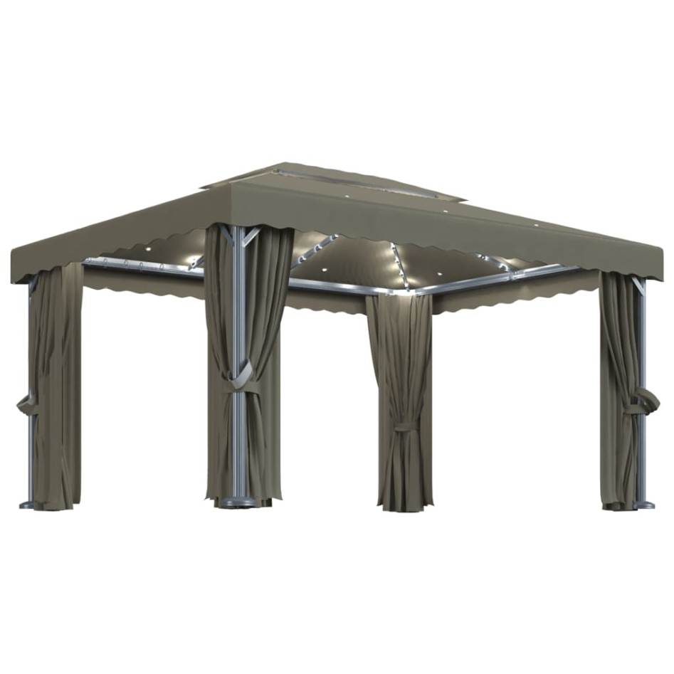 Cenador con cortina y tira de luces LED aluminio taupé 4x3