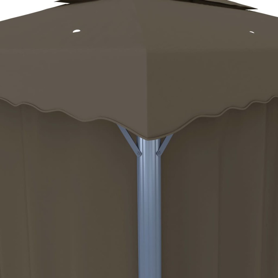 Cenador con cortina y tira de luces LED aluminio taupé 4x3