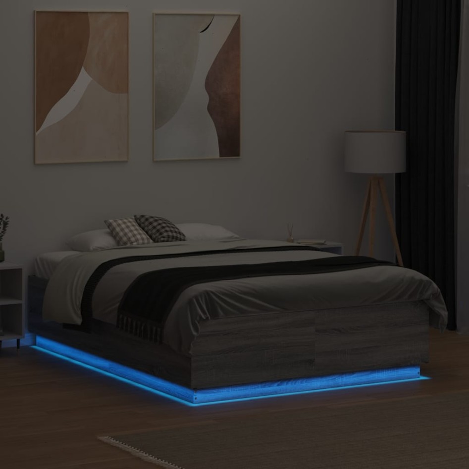 Estructura cama con luces LED madera gris Sonoma 140x190