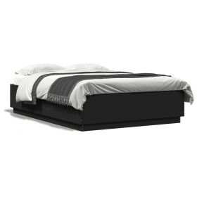 Estructura cama con luces LED madera ingeniería negro