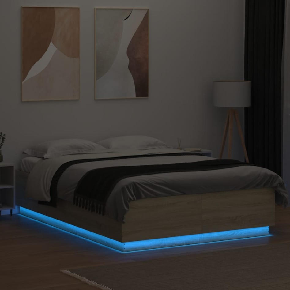 Estructura cama con luces LED madera roble Sonoma 150x200