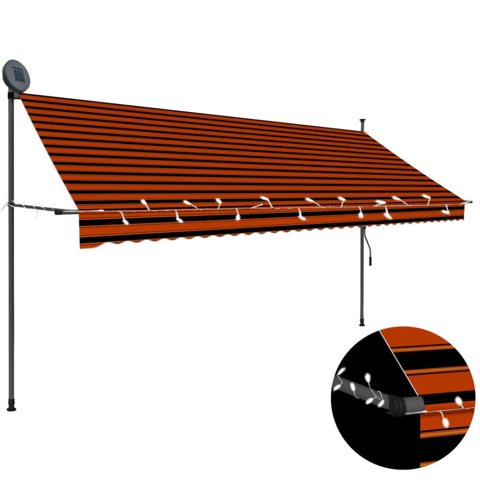 Toldo manual retráctil con LED naranja y marrón 350