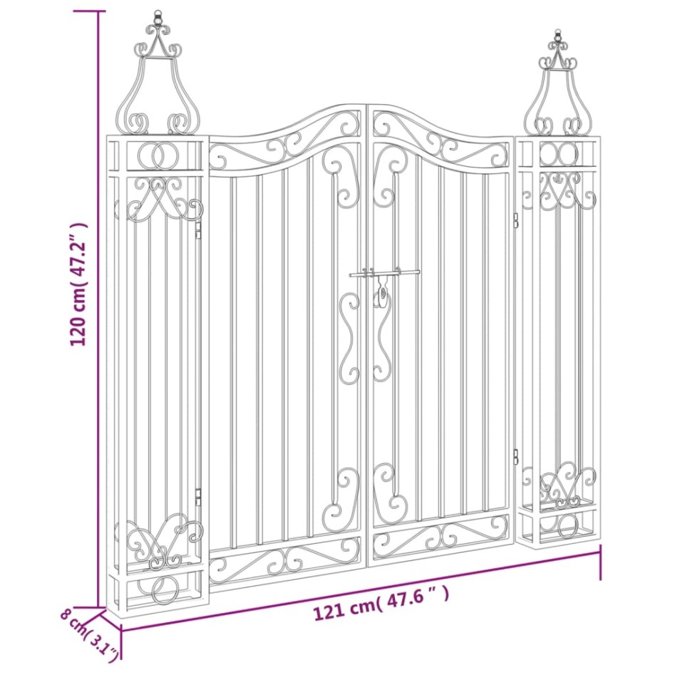 Puerta de jardín de hierro forjado negro 121x8x120