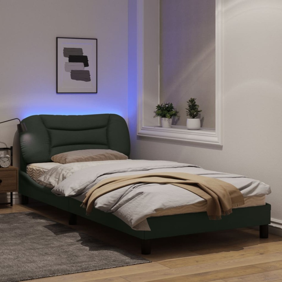 Estructura de cama con luces LED tela gris oscuro 100x200
