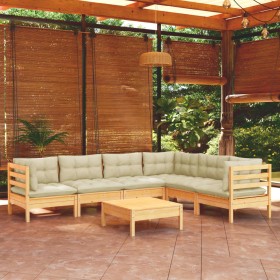 Muebles de jardín 7 pzas y cojines madera maciza de pino