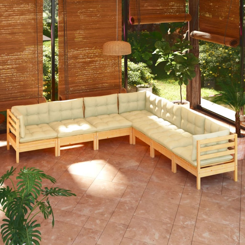 Muebles de jardín 7 pzas y cojines madera maciza de pino