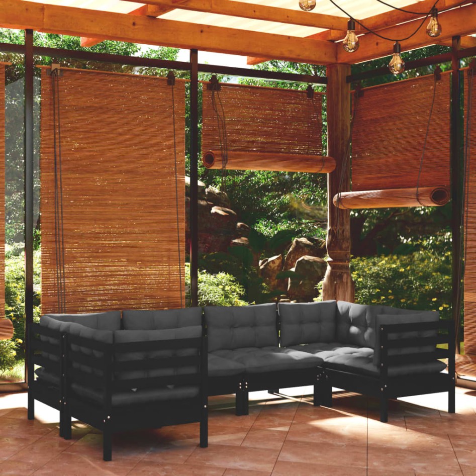 Muebles de jardín 6 pzas con cojines negro madera de