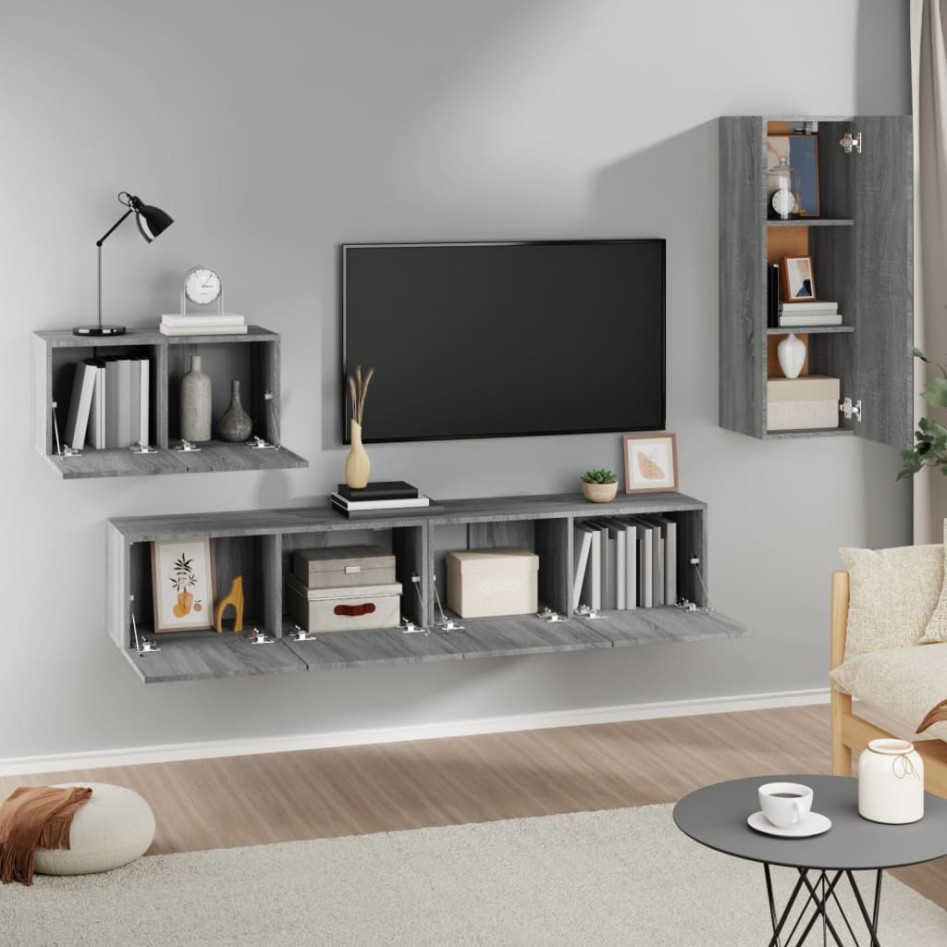Set de muebles para TV 4 pzas madera contrachapada gris