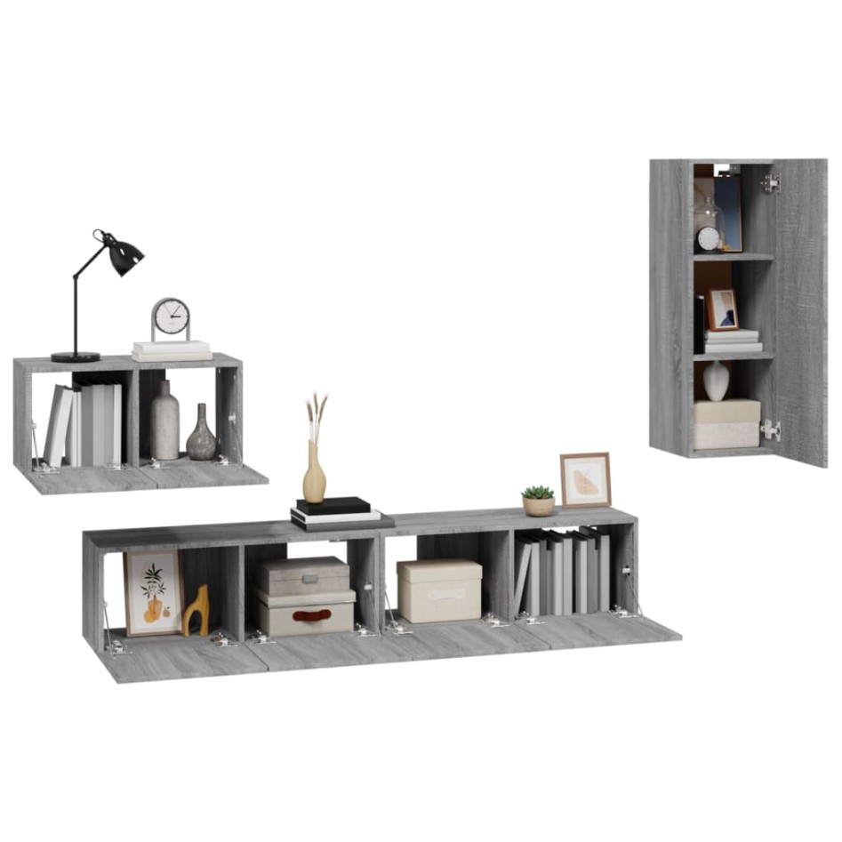 Set de muebles para TV 4 pzas madera contrachapada gris