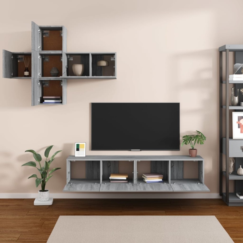 Set de muebles de TV 7 pzas madera contrachapada gris