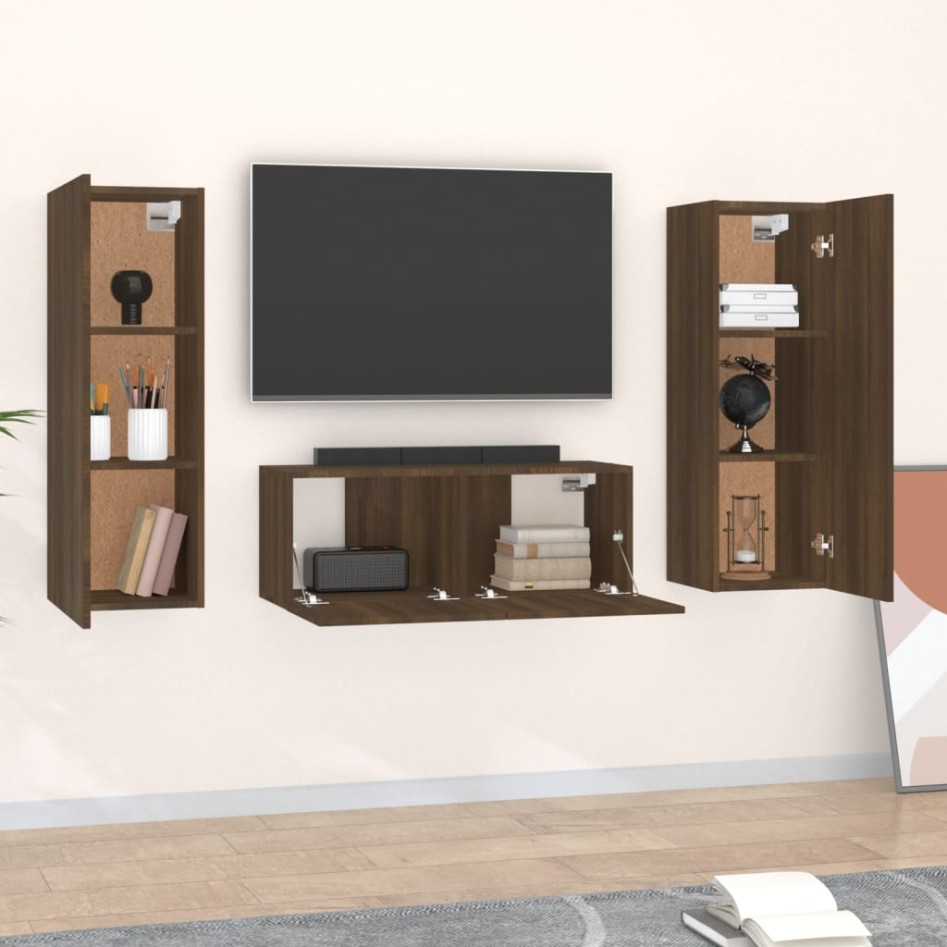 Set de muebles para TV 3 pzas madera contrachapada roble