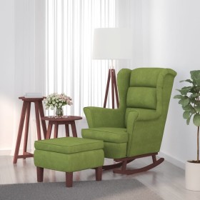 Sillón mecedora patas madera y taburete terciopelo verde