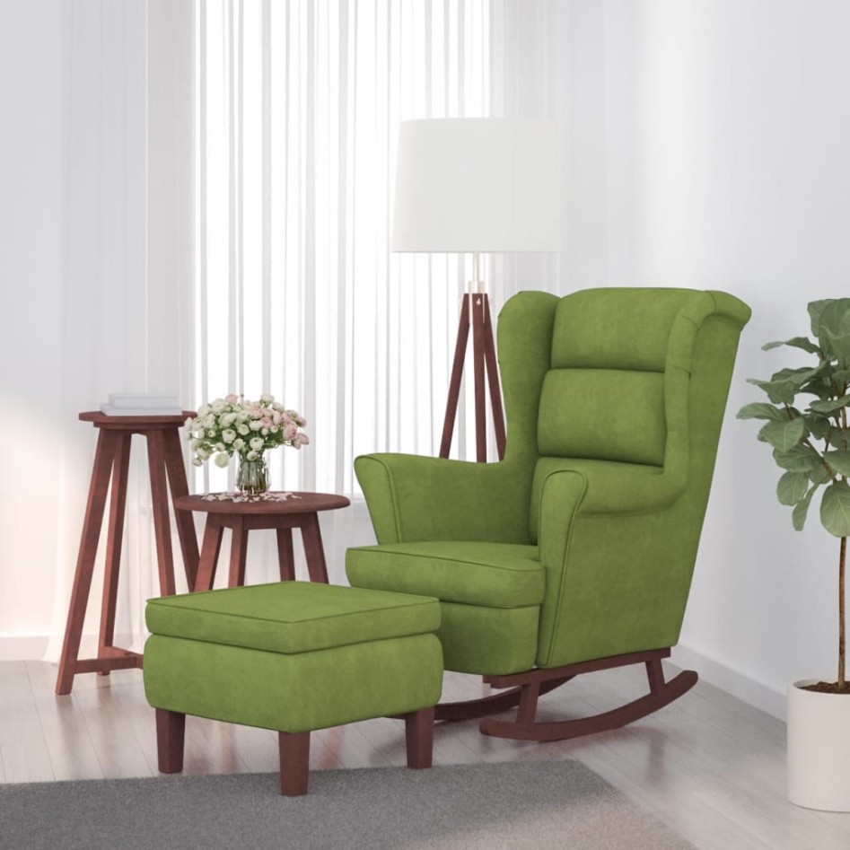 Sillón mecedora patas madera y taburete terciopelo verde