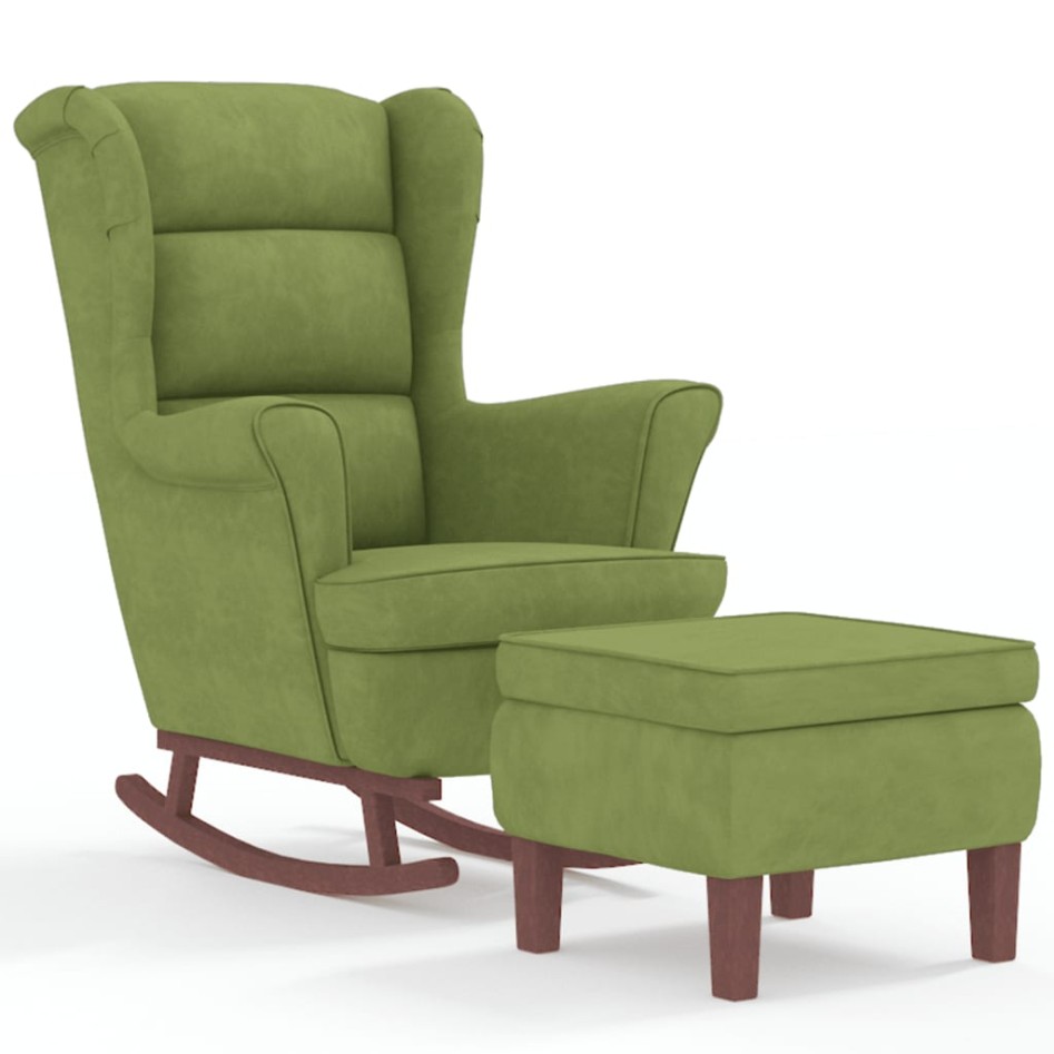 Sillón mecedora patas madera y taburete terciopelo verde