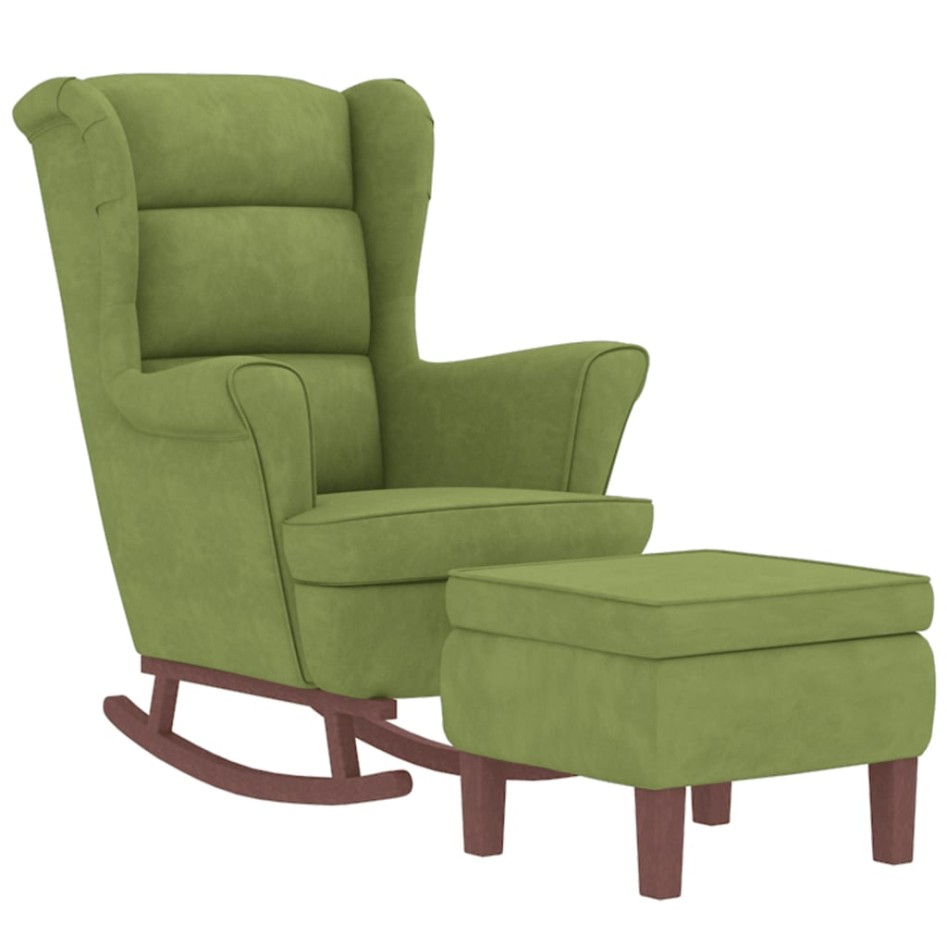 Sillón mecedora patas madera y taburete terciopelo verde