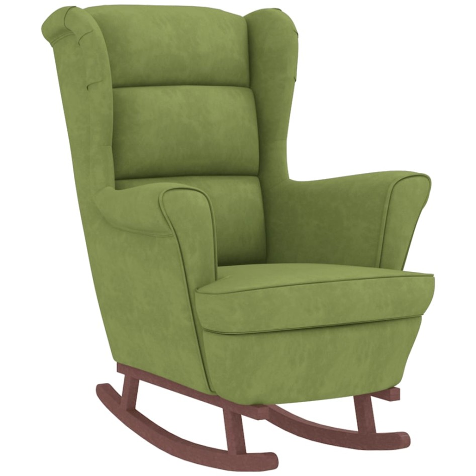 Sillón mecedora patas madera y taburete terciopelo verde