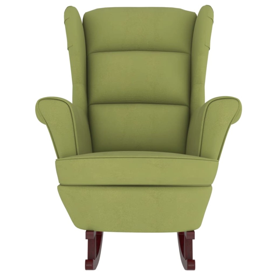 Sillón mecedora patas madera y taburete terciopelo verde