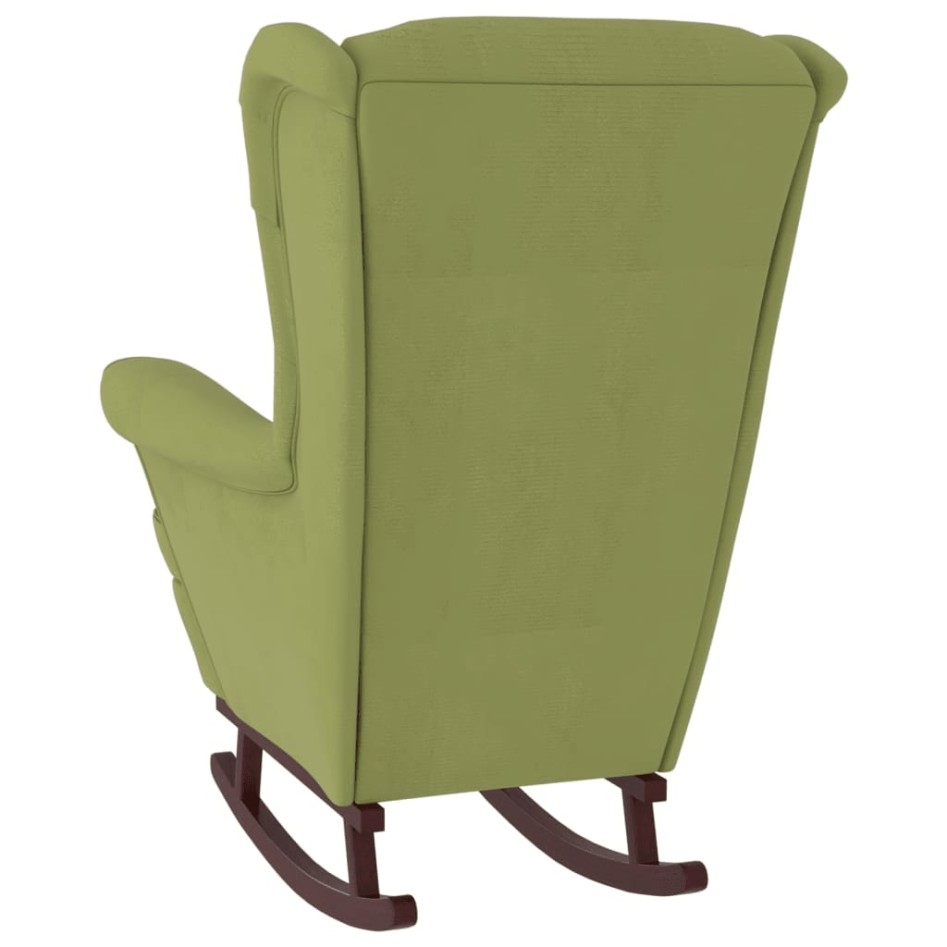 Sillón mecedora patas madera y taburete terciopelo verde