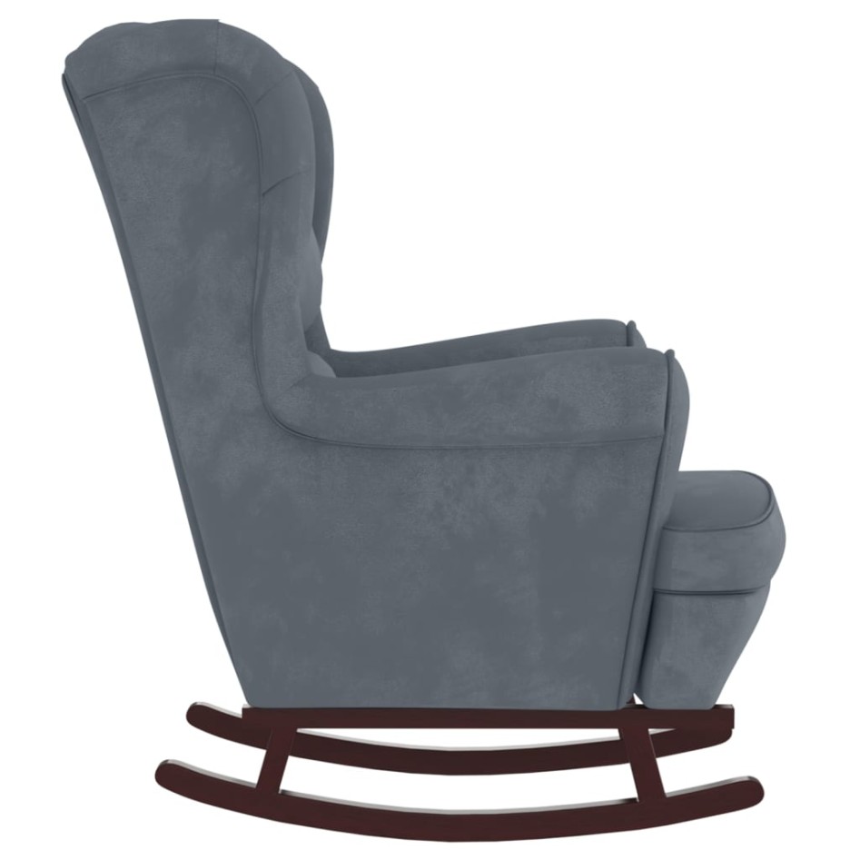 Sillón mecedora patas madera y taburete terciopelo gris