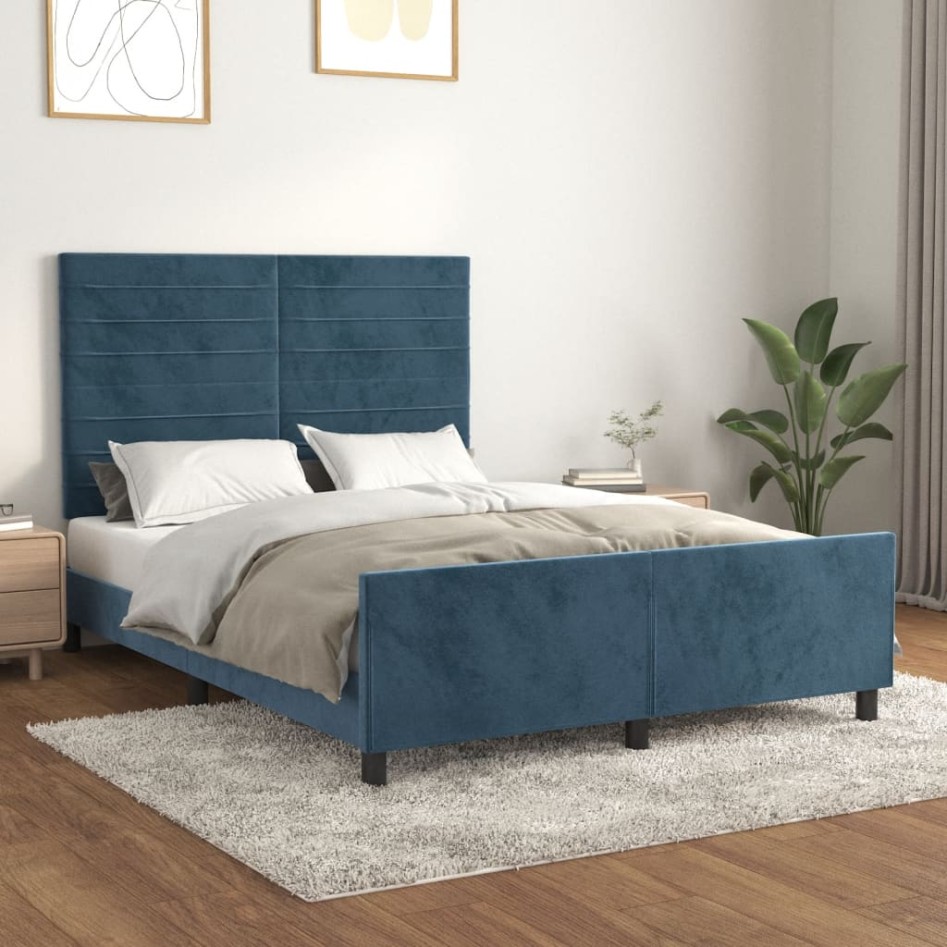 Estructura de cama sin colchón terciopelo azul oscuro