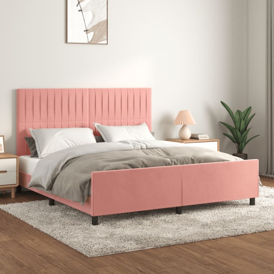 Estructura de cama con cabecero de terciopelo rosa 180x200