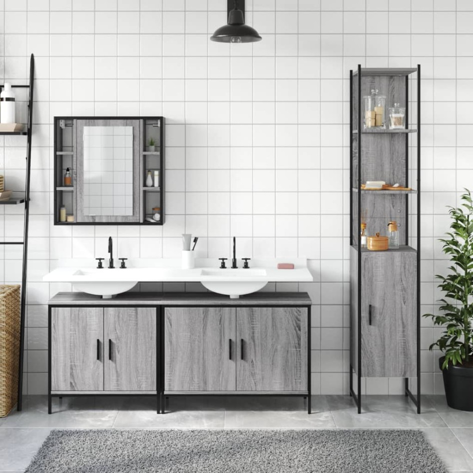 Set de armario de baño 4 pzas madera contrachapada gris