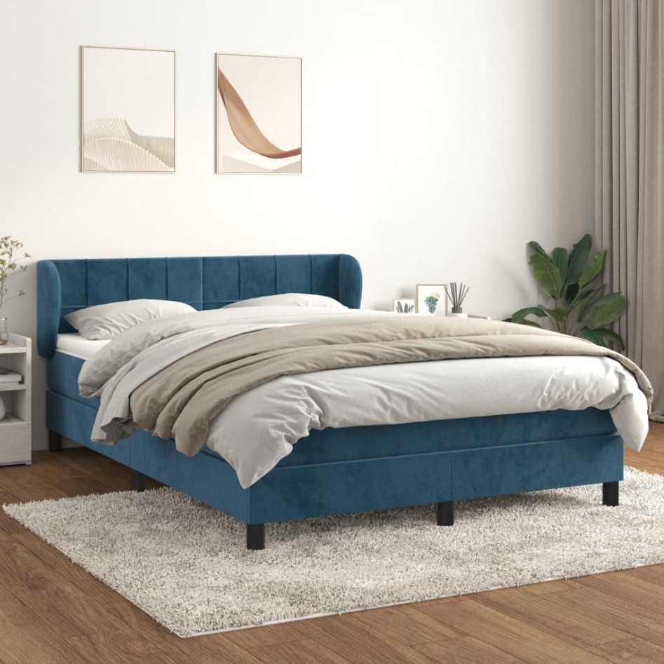 Cama box spring con colchón terciopelo azul oscuro 140x190