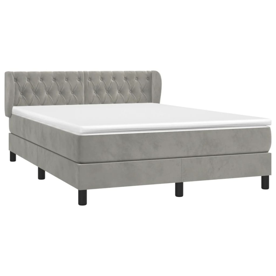 Cama box spring con colchón terciopelo gris claro 140x200