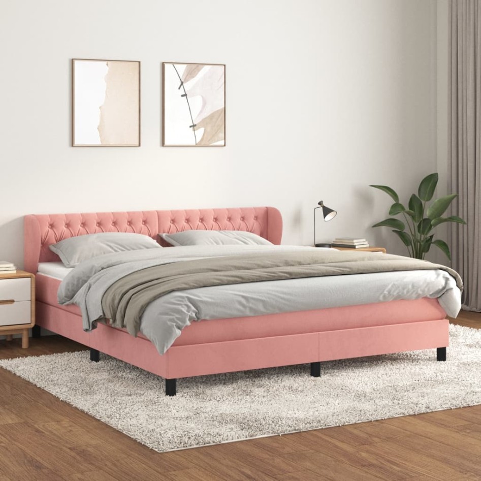 Cama box spring con colchón terciopelo rosa 160x200