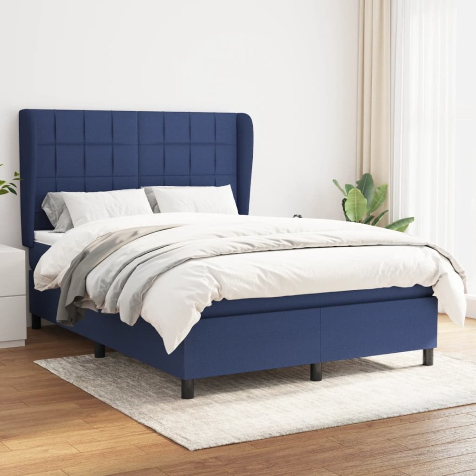 Cama box spring con colchón tela azul 140x190