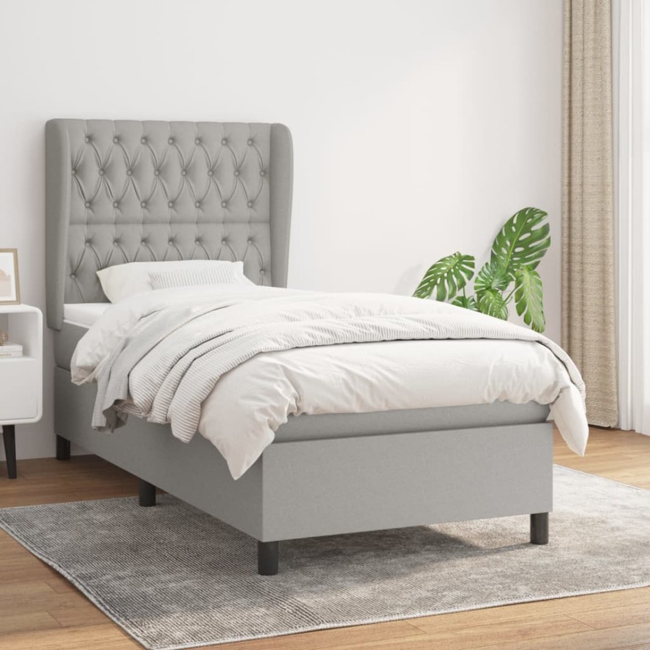 Cama box spring con colchón tela gris claro 100x200