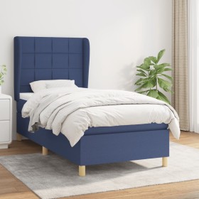 Cama box spring con colchón tela azul 90x200