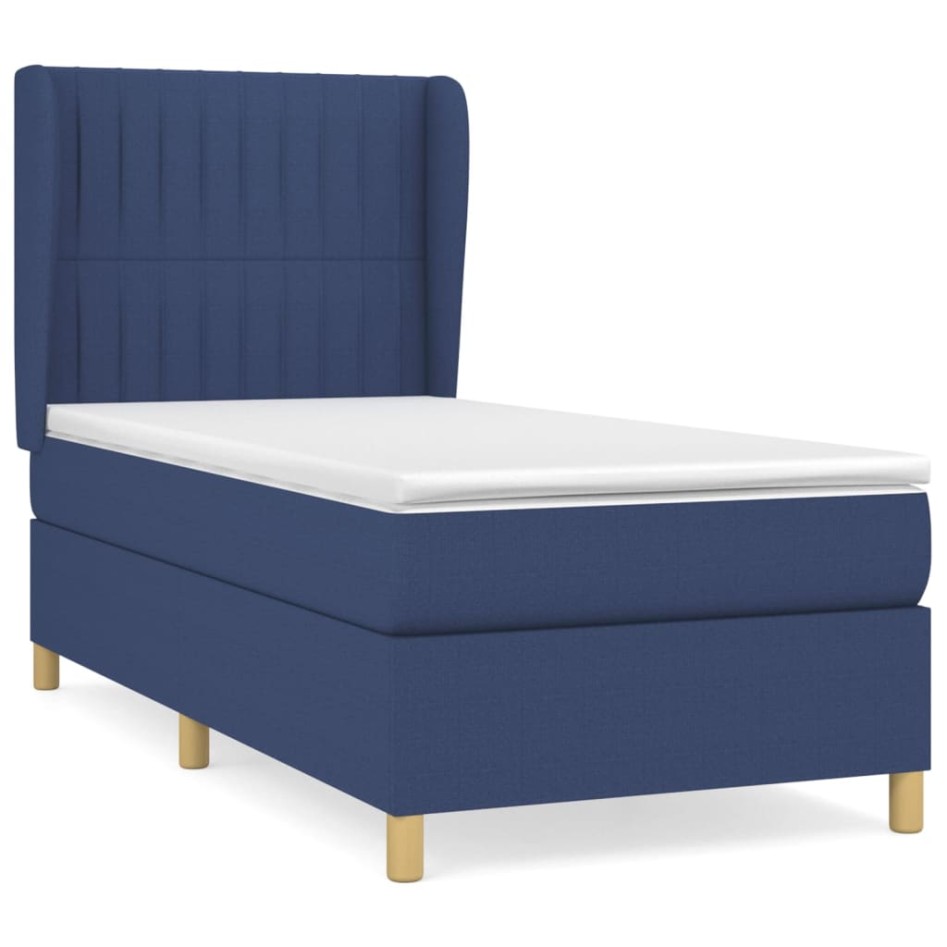 Cama box spring con colchón tela azul 90x190
